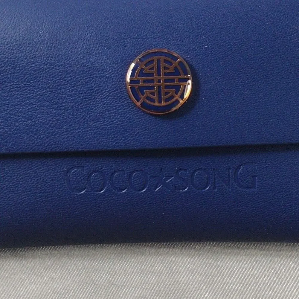 Coco Song Soft Eyeglass Sunglass Case Blue Faux Leather Logo Flip Top Storage